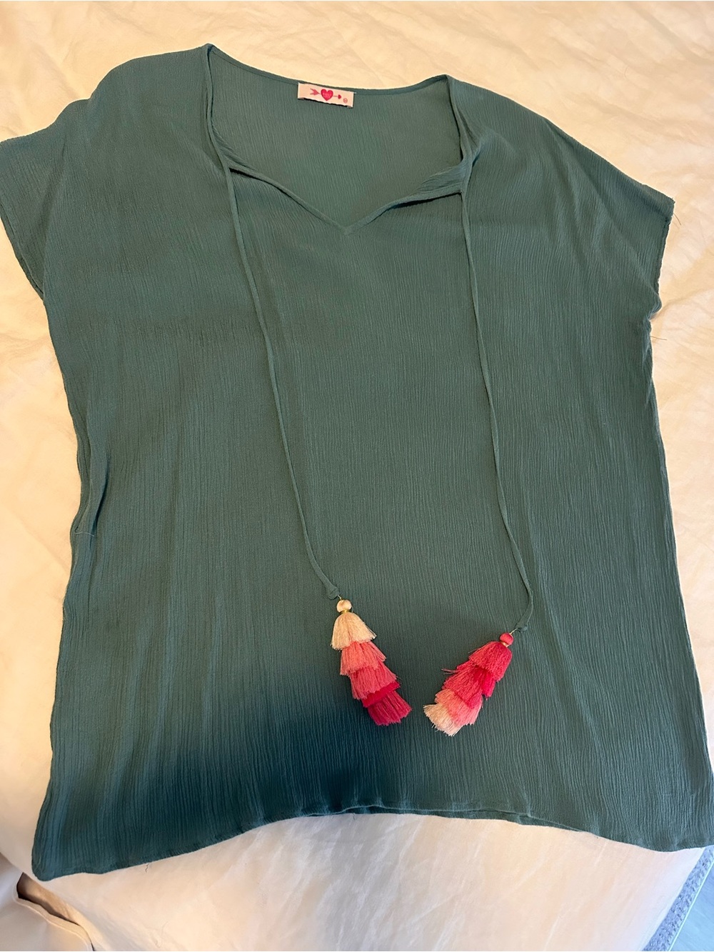 Anthropology style Teal Short Sleeve mini  with Pink Tassel Detail